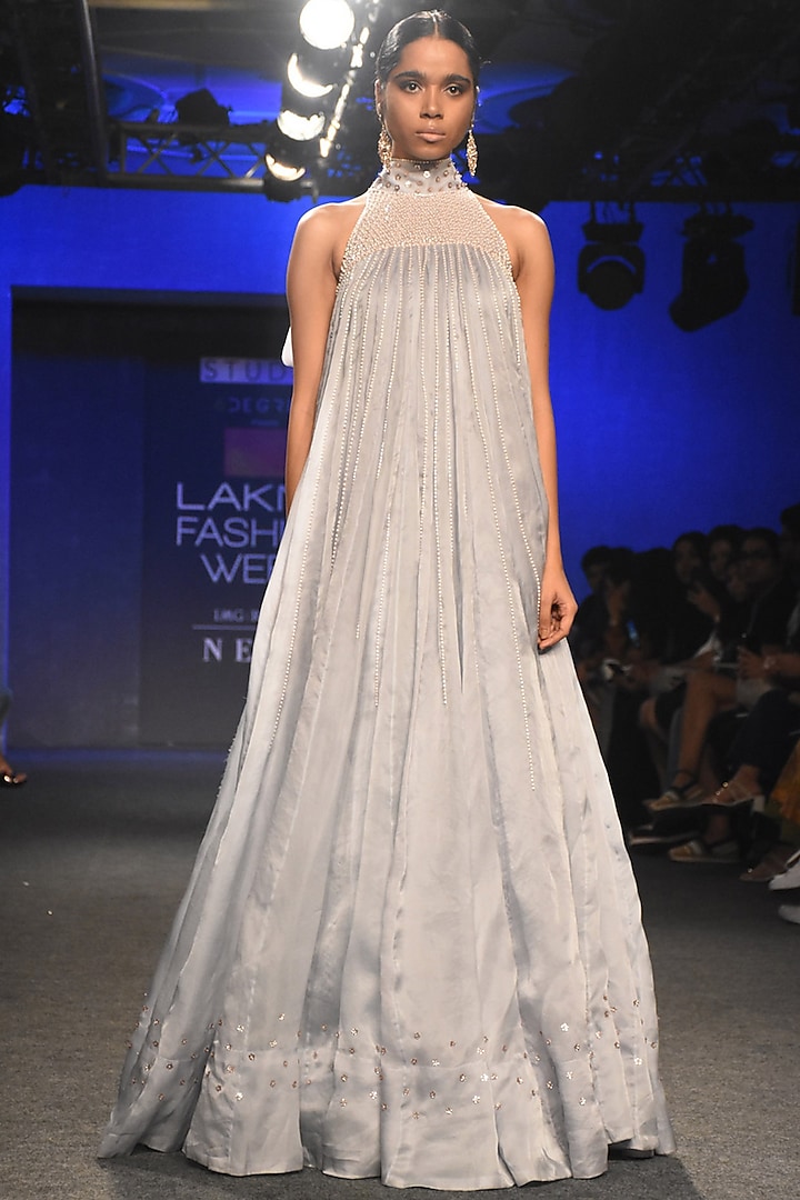 Grey Embroidered Trapeze Gown by MASUMI MEWAWALLA