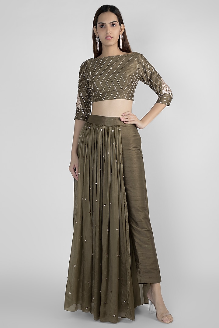 Olive Green Embroidered Crop Top With Pant Skirt by MASUMI MEWAWALLA