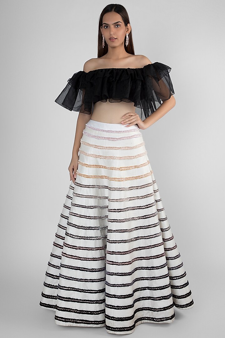 White Embroidered Skirt With Off Shoulder Ruffled Top by MASUMI MEWAWALLA