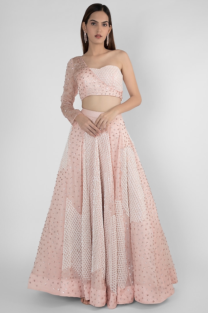 Peach Pink Embroidered Skirt With Crop Top by Pink Peacock Couture