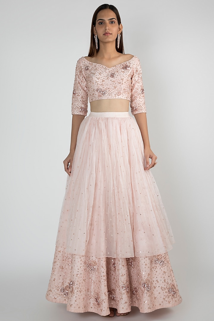 Peach Pink Embroidered Lehenga Skirt With Blouse by MASUMI MEWAWALLA