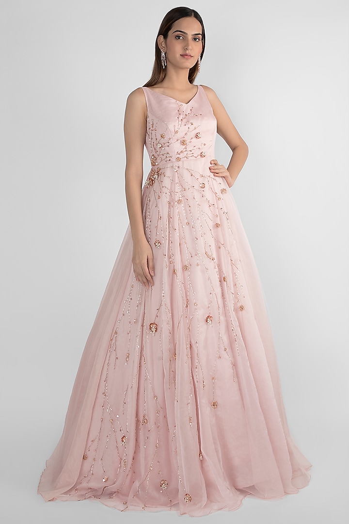Dusted Pink Embroidered Gown by MASUMI MEWAWALLA