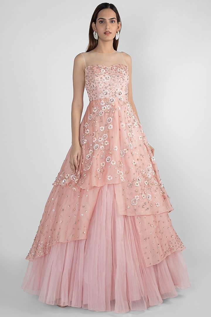 Rose Pink Embroidered Gown by Pink Peacock Couture