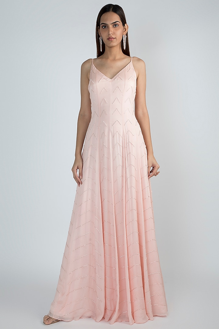 Peach Pink Embroidered Gown by MASUMI MEWAWALLA