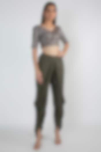 Olive Green Embroidered Crop Top With Dhoti Pants by MASUMI MEWAWALLA
