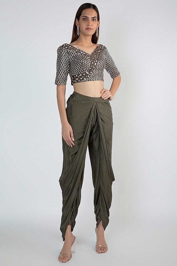 Olive Green Embroidered Crop Top With Dhoti Pants by MASUMI MEWAWALLA