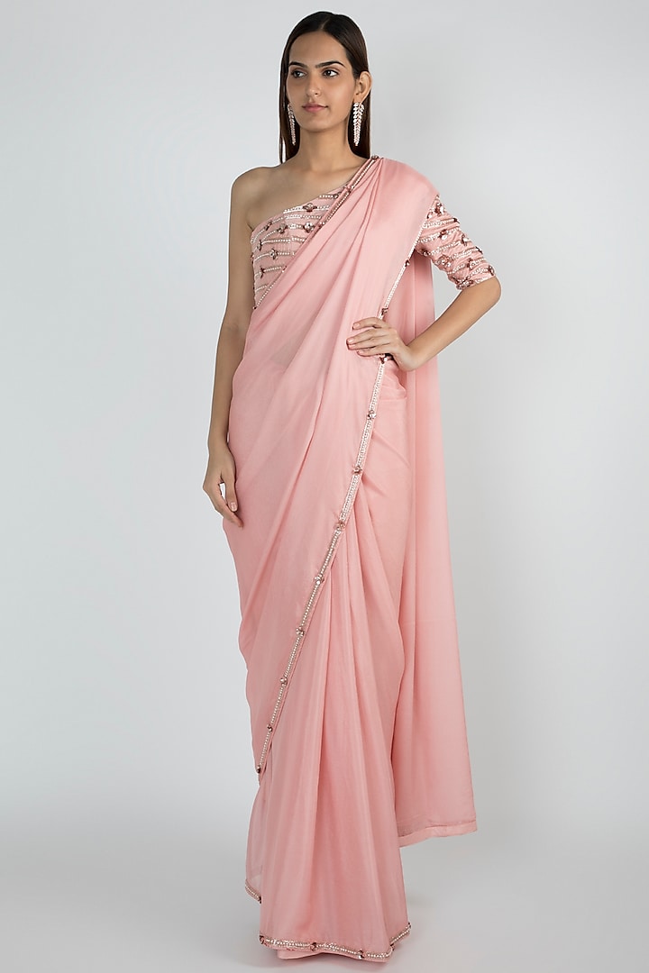 Rose Pink Dupion Silk & Crepe Hand Embroidered Wedding Saree Set by MASUMI MEWAWALLA at Pernia's Pop Up Shop