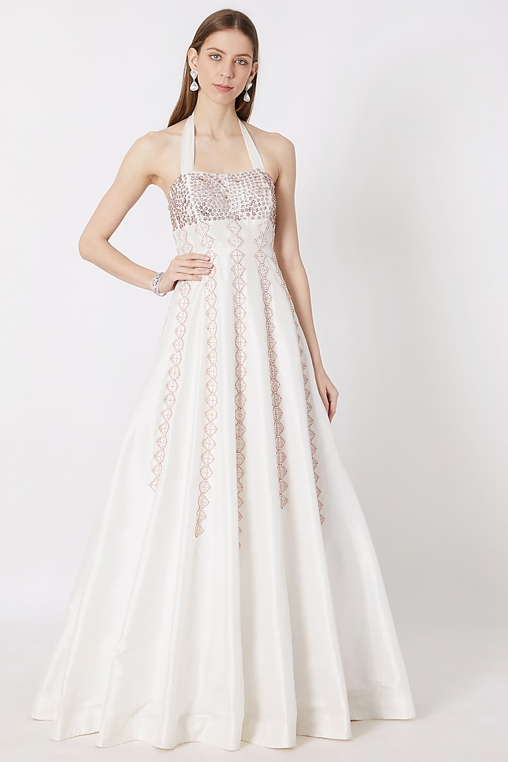 White Embroidered Wedding Anarkali Gown by MASUMI MEWAWALLA at Pernia's Pop Up Shop