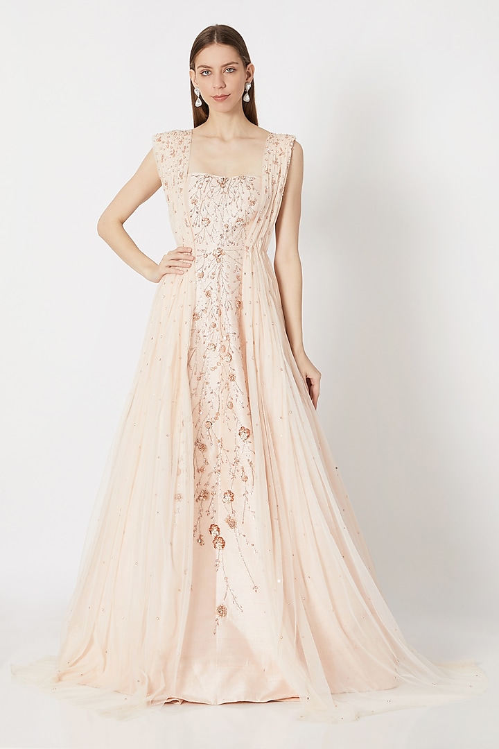 Peach Pink Embroidered Draped Gown by MASUMI MEWAWALLA