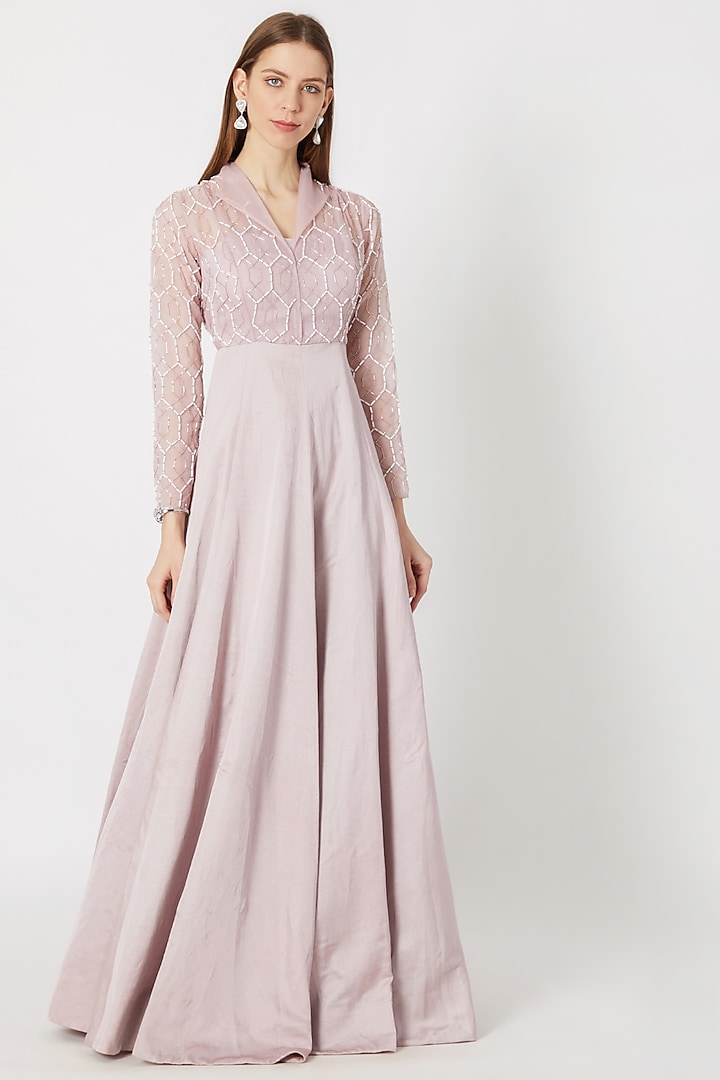 Lilac Geometric Embroidered Gown by MASUMI MEWAWALLA