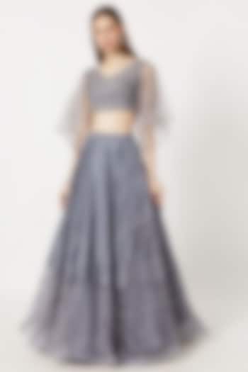 Grey Embroidered Crop Top & Lehenga Skirt by Pink Peacock Couture
