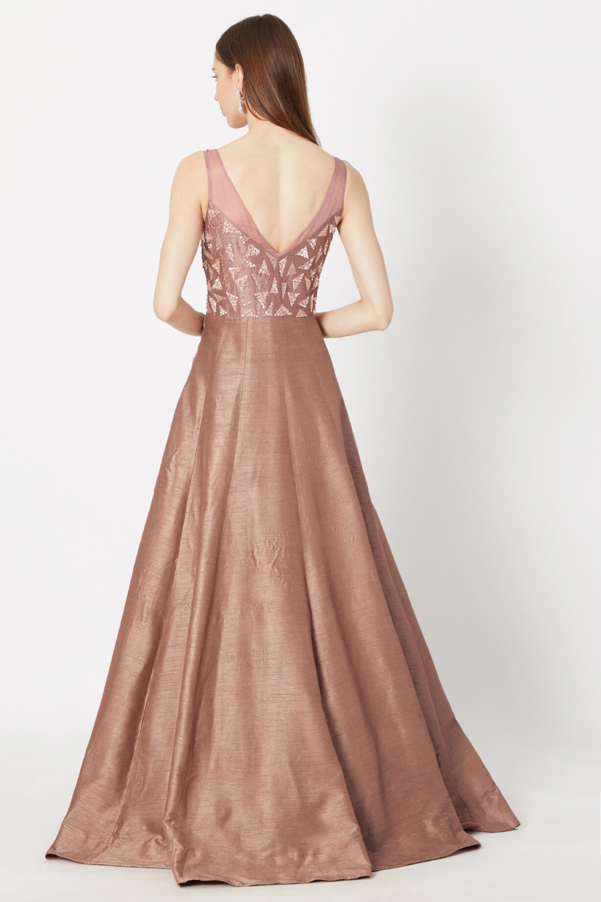 Biscuit Brown Embroidered Sleeveless Gown by MASUMI MEWAWALLA at 