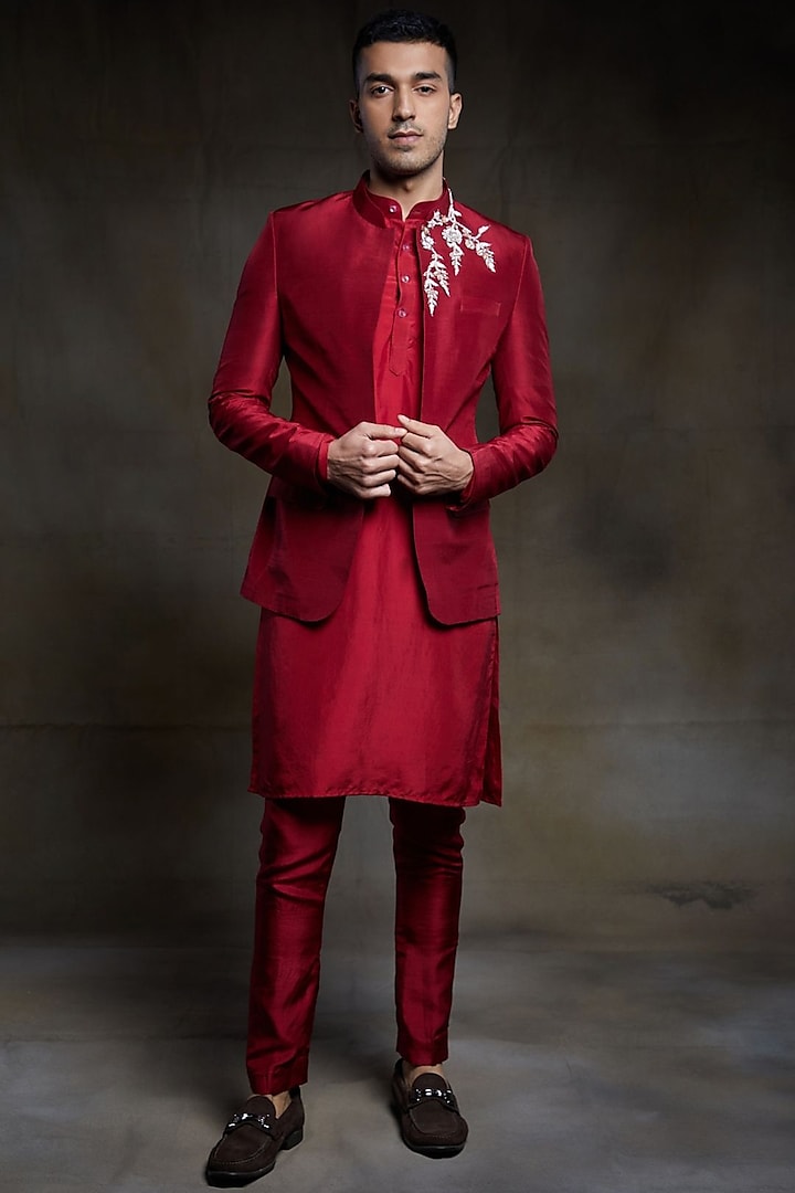 Crimson Embroidered Jacket Set by Pink Peacock Couture Men