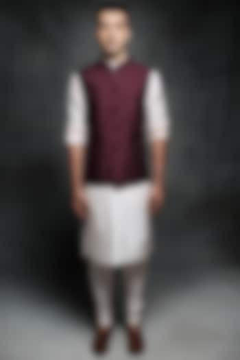 Wine Silk Bundi Jacket Set by MASUMI MEWAWALLA MEN at Pernia's Pop Up Shop