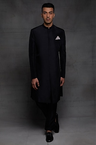 Black Silk Embroidered Sherwani Set by MASUMI MEWAWALLA MEN