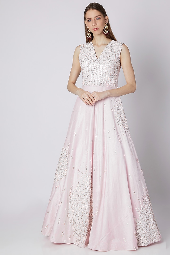 Lilac Embroidered Dupion Gown by MASUMI MEWAWALLA