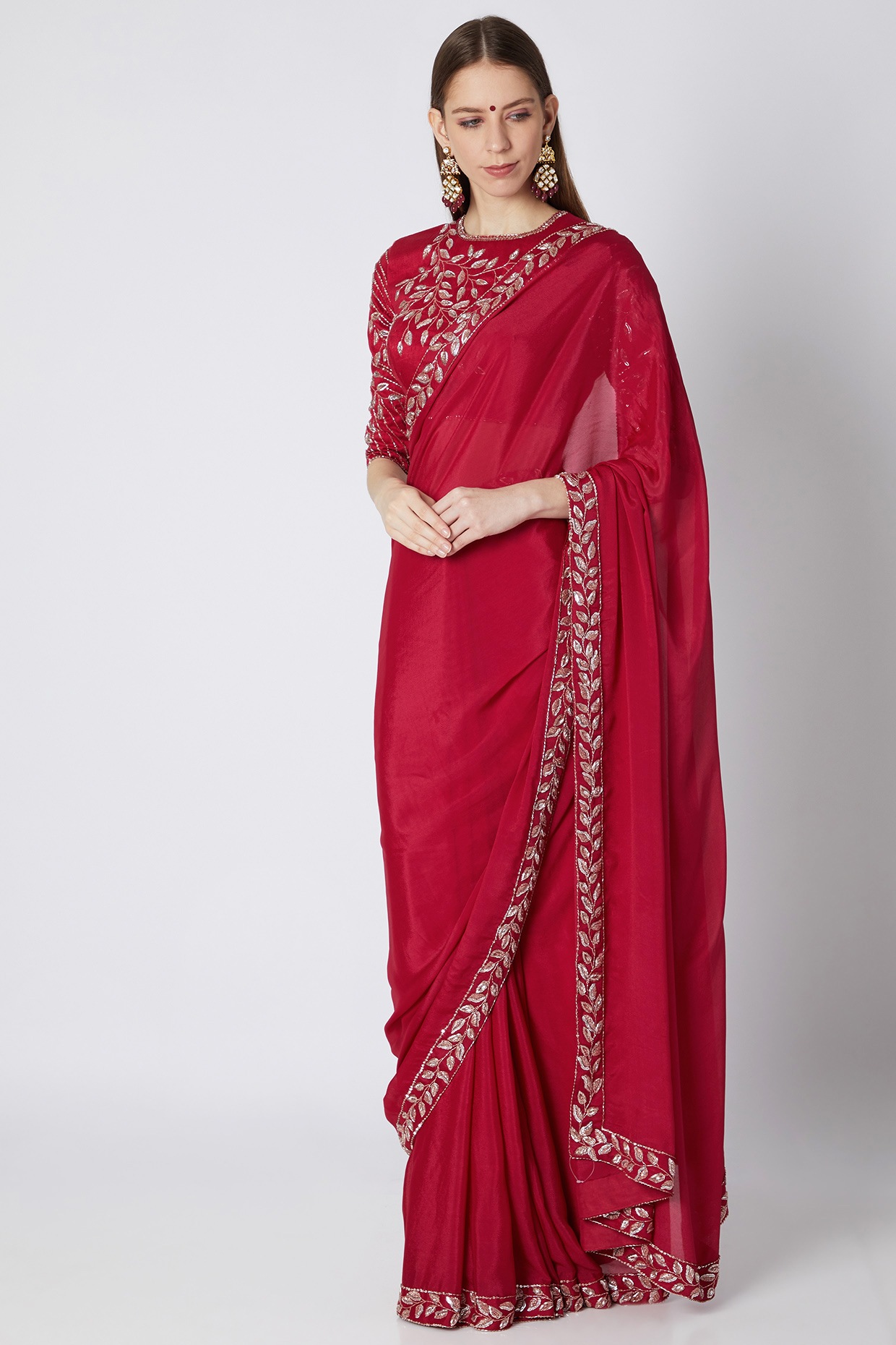 red embroidered saree