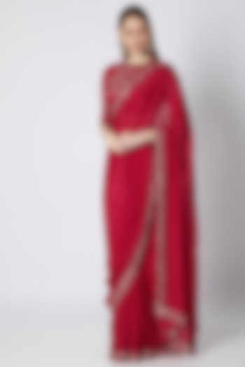 Pinkish Red Embroidered Saree Set  by Pink Peacock Couture