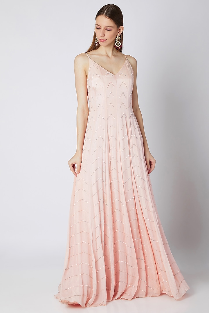 Peach Embroidered Sleeveless Gown by MASUMI MEWAWALLA