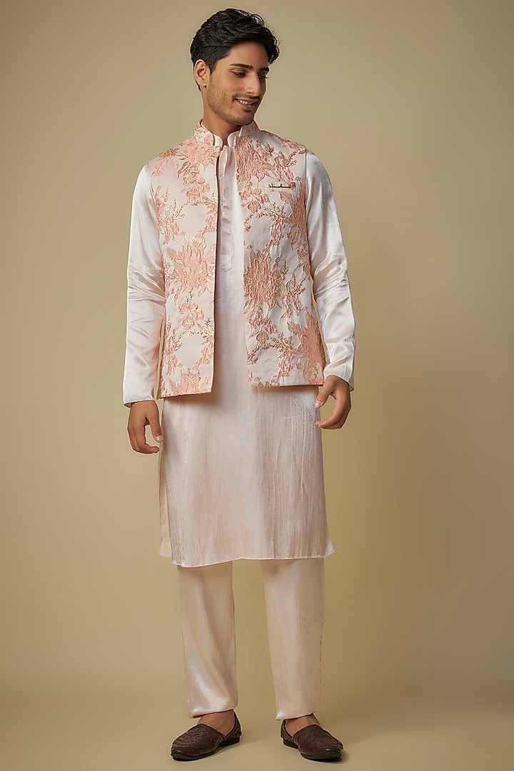 Peach Jacquard Floral Bundi Jacket Set by MASUMI MEWAWALLA MEN