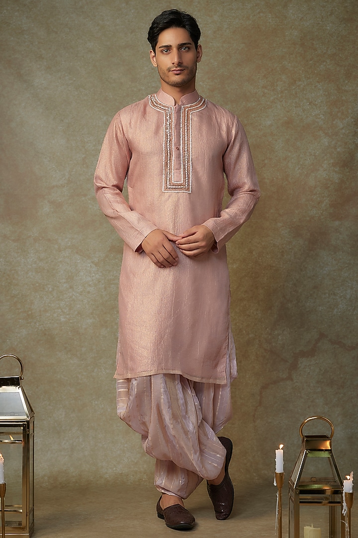 Peach Tissue Embroidered Kurta Set by MASUMI MEWAWALLA MEN at Pernia's Pop Up Shop