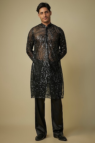 Black Viscose Embroidered Kurta Set by MASUMI MEWAWALLA MEN