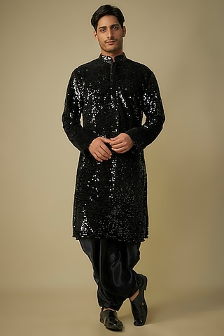 Black Sequins Kurta Set by MASUMI MEWAWALLA MEN