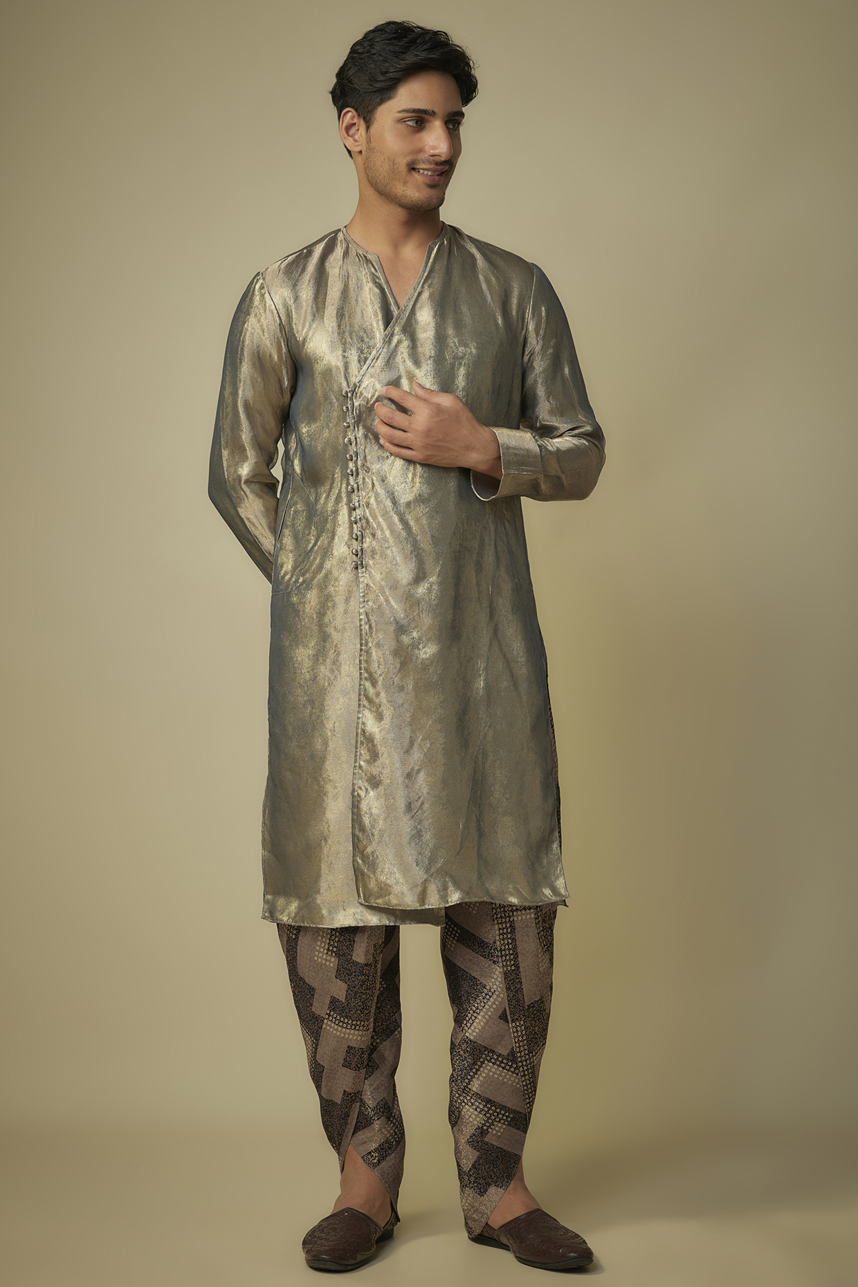 Gold & Black Tissue Kurta Set by MASUMI MEWAWALLA MEN