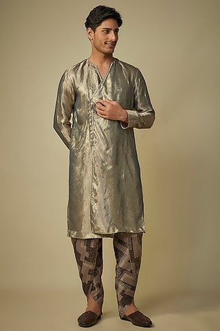 Gold & Black Tissue Kurta Set by MASUMI MEWAWALLA MEN