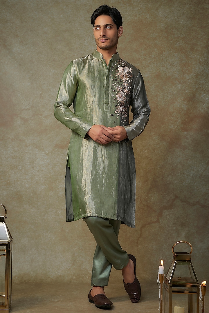 Green & Black Tissue Embroidered Kurta Set by MASUMI MEWAWALLA MEN