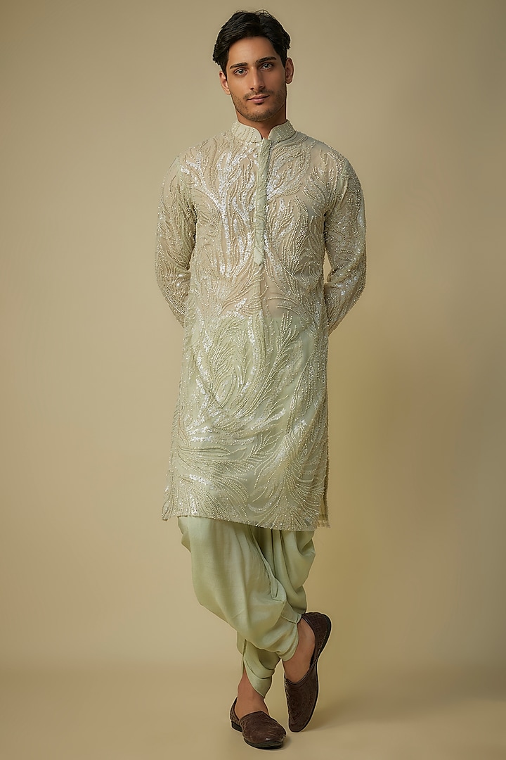 Sage Green Viscose Embroidered Kurta Set by MASUMI MEWAWALLA MEN