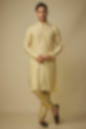 Yellow Satin Silk Kurta Set by MASUMI MEWAWALLA MEN