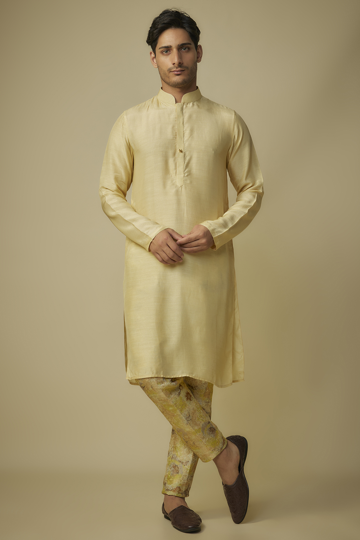 Yellow Satin Silk Kurta Set by MASUMI MEWAWALLA MEN