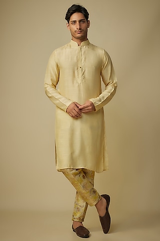 Yellow Satin Silk Kurta Set by MASUMI MEWAWALLA MEN