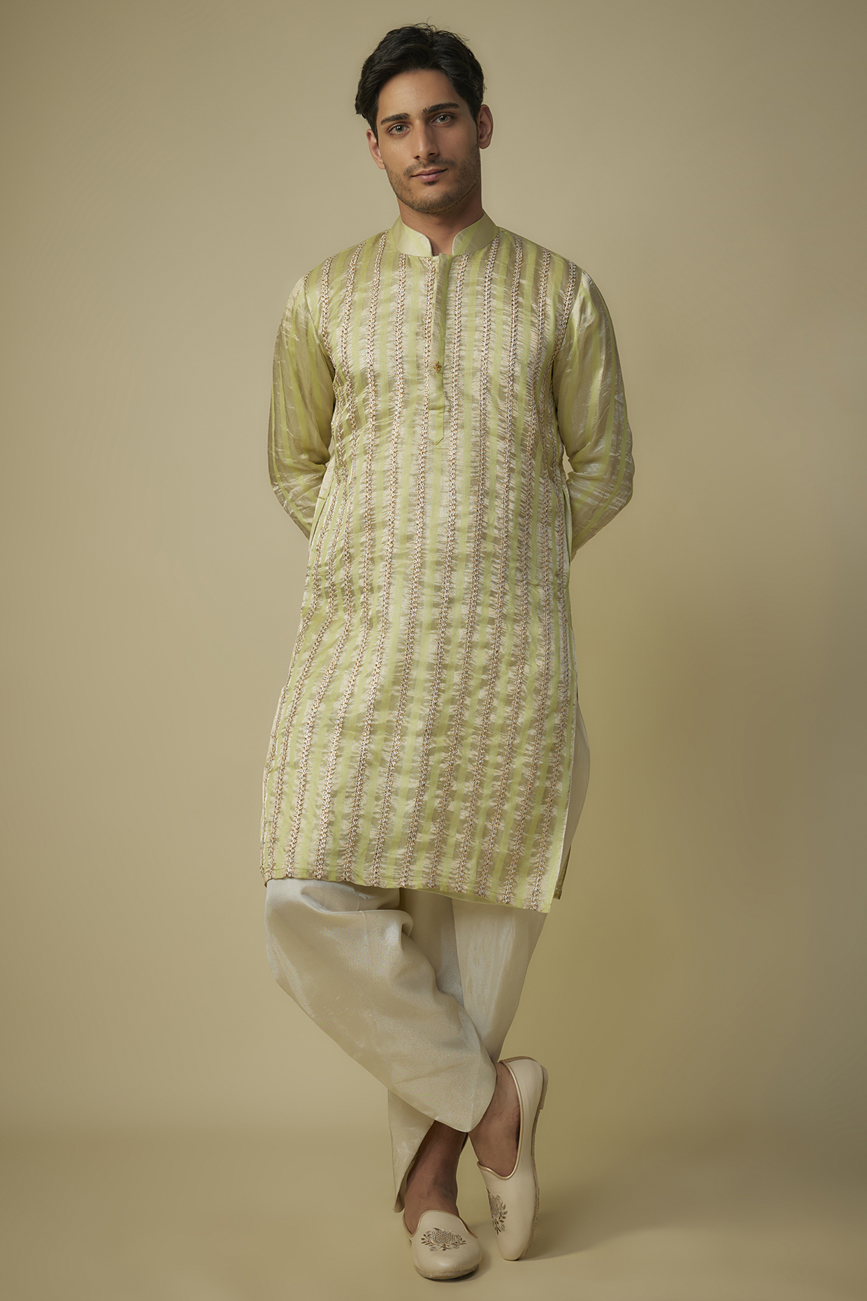 Yellow Satin Silk Kurta Set by MASUMI MEWAWALLA MEN