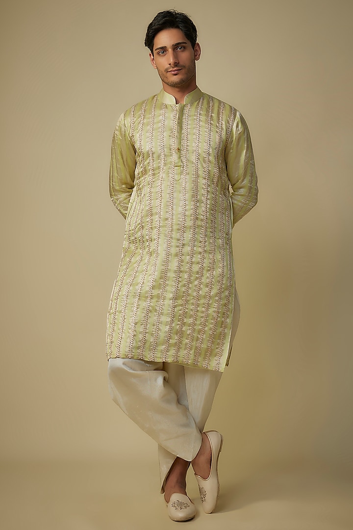 Yellow Satin Silk Kurta Set by MASUMI MEWAWALLA MEN