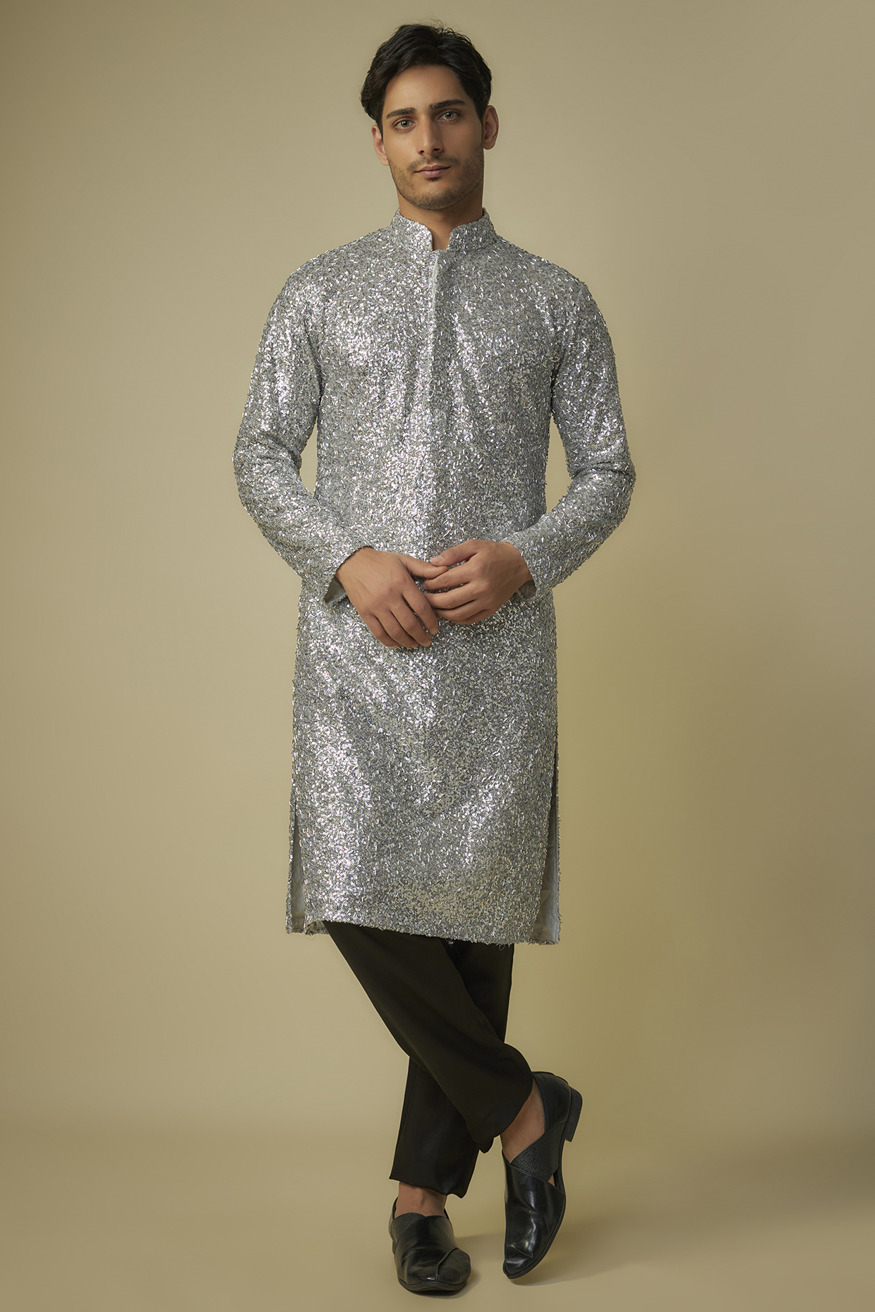Silver Viscose Embroidered Kurta Set by MASUMI MEWAWALLA MEN