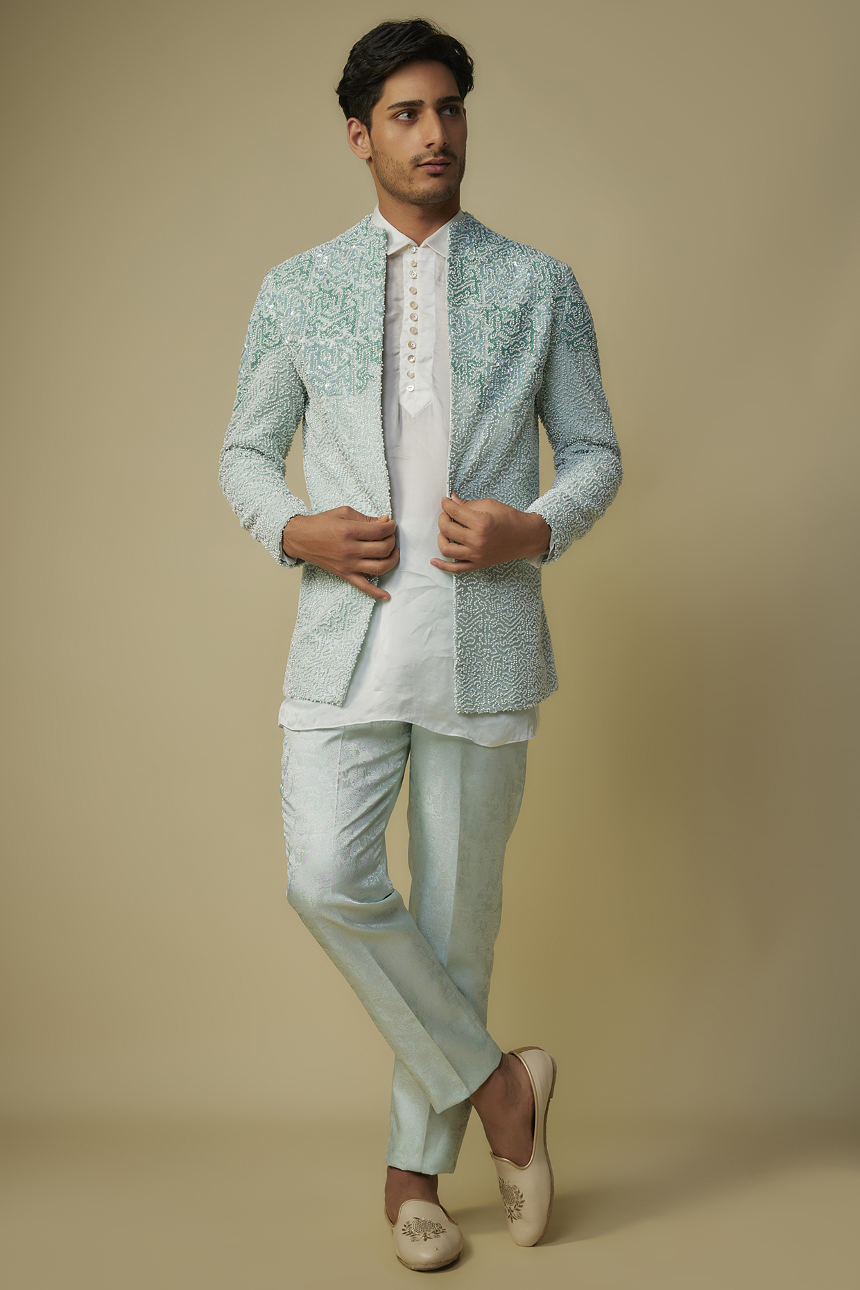 Mint Green Viscose Embroidered Indo-Western Set by MASUMI MEWAWALLA MEN