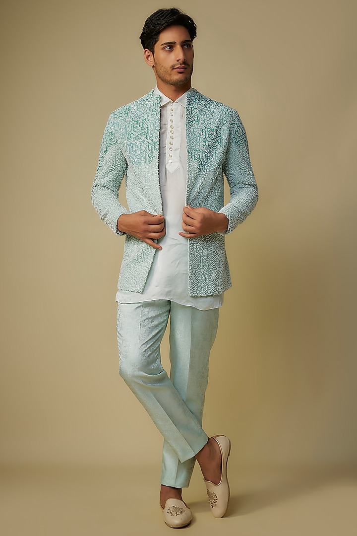 Mint Green Viscose Embroidered Indo-Western Set by MASUMI MEWAWALLA MEN