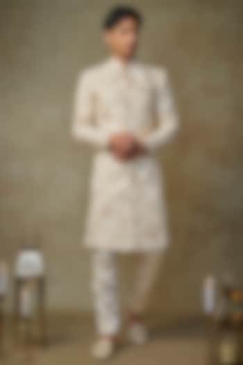 Beige Jacquard Embroidered Sherwani Set by MASUMI MEWAWALLA MEN