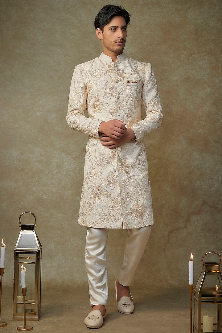 Beige Jacquard Embroidered Sherwani Set by MASUMI MEWAWALLA MEN