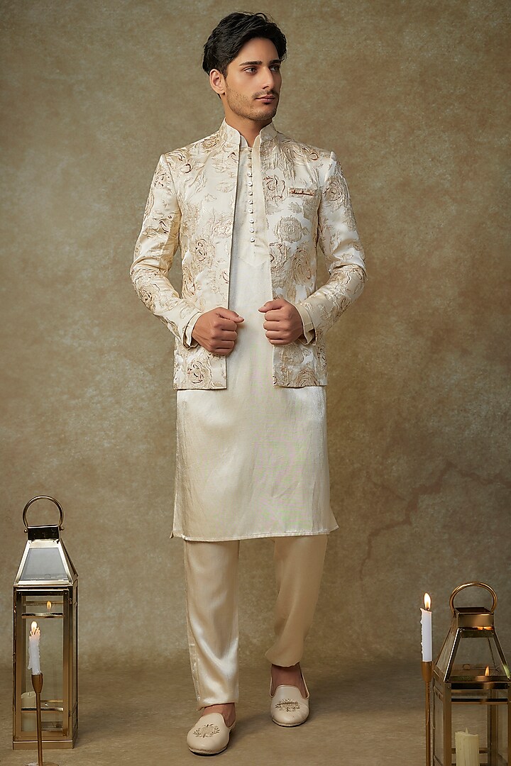 Beige Viscose Floral Embroidered Indo-Western Set by MASUMI MEWAWALLA MEN