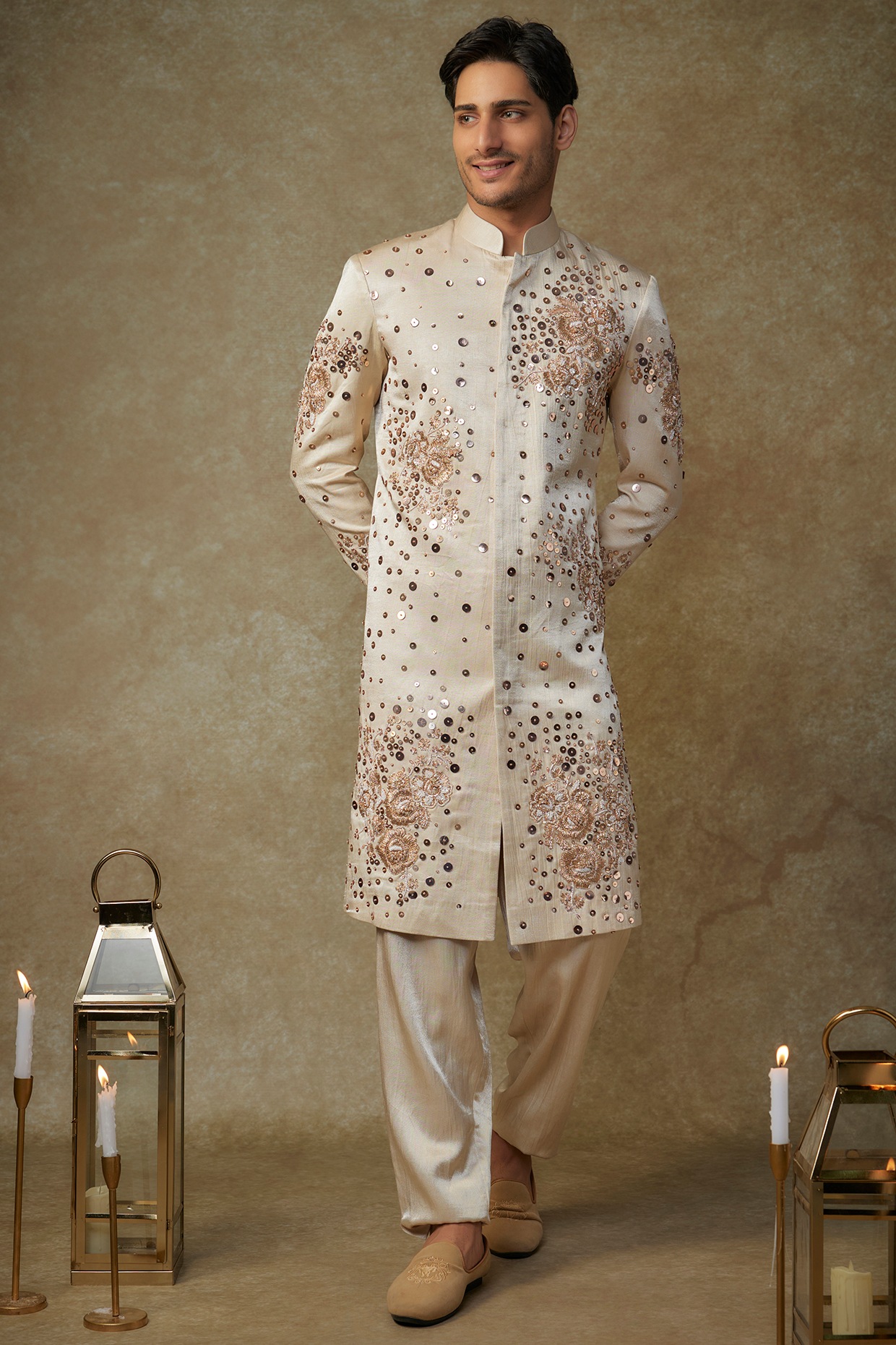 MASUMI MEWAWALLA Beige Mahru Embroidered Sherwani Set