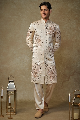 Beige Mahru Embroidered Sherwani Set by MASUMI MEWAWALLA MEN