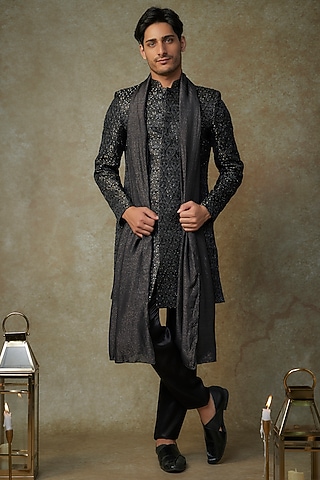 Black Viscose Embroidered Sherwani Set by MASUMI MEWAWALLA MEN