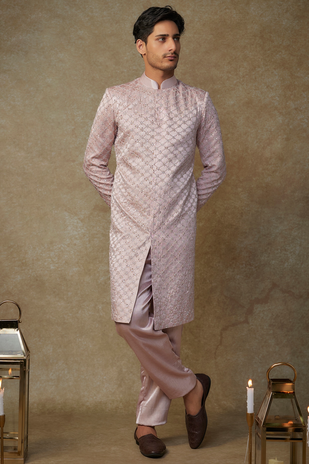 MASUMI MEWAWALLA Dusty Pink Mashru Embroidered Sherwani Set
