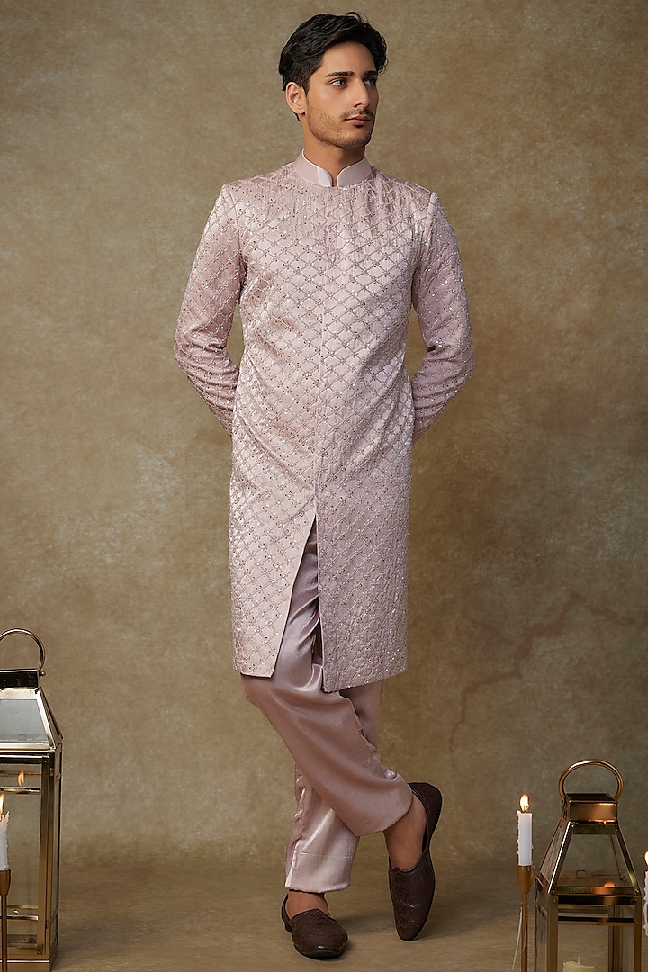 Dusty Pink Mashru Embroidered Wedding Sherwani Set by MASUMI MEWAWALLA MEN at Pernia's Pop Up Shop