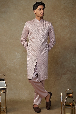 Dusty Pink Mashru Embroidered Sherwani Set by MASUMI MEWAWALLA MEN