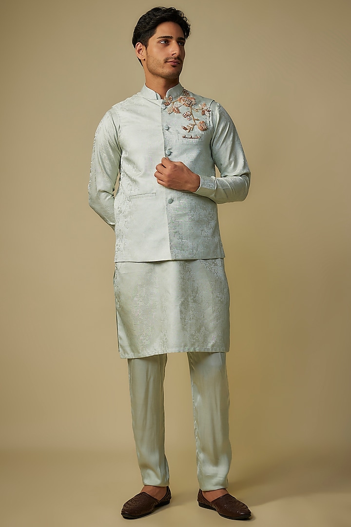 Sage Green Jacquard Bundi Jacket Set by MASUMI MEWAWALLA MEN
