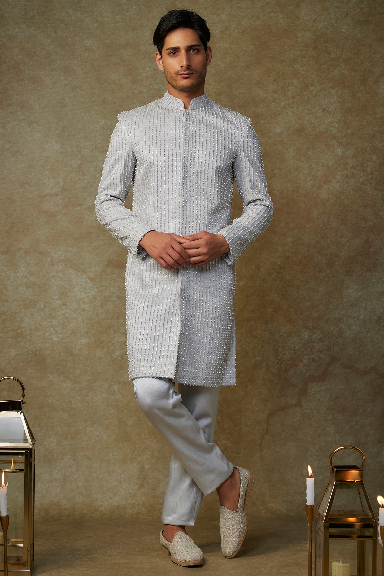 MASUMI MEWAWALLA Grey Viscose Embroidered Sherwani Set